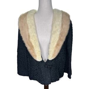 Vtg 50’s Soutache Ribbon Mink (?)Fur Collar Cropped Jacket Cream Beige Fur Large